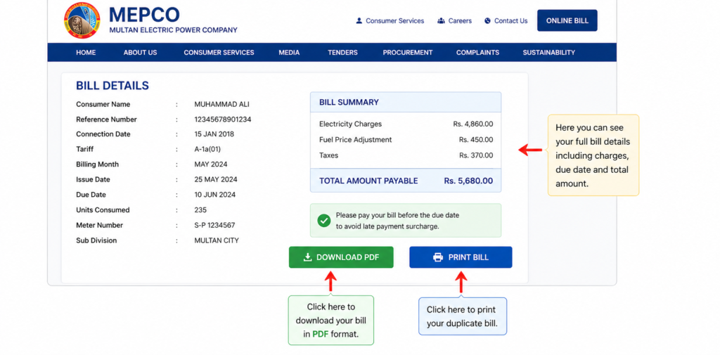 MEPCO Duplicate Bill Download 